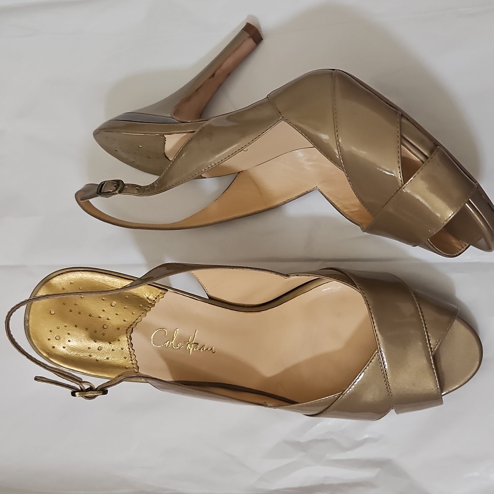 Cole Haan, Nike Air Patent Leather champaign heels peep toe platform Size 10